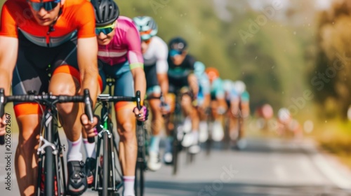 A group of cyclists in colorful racing uniforms and helmets pedals intensely on an open road under bright sunlight showcasing speed and athleticism