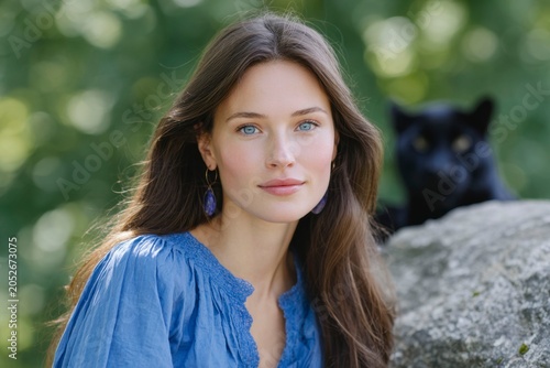 an attractive woman with long brown hair and blue eyes, sitting on top of a rock next to a black panther in nature