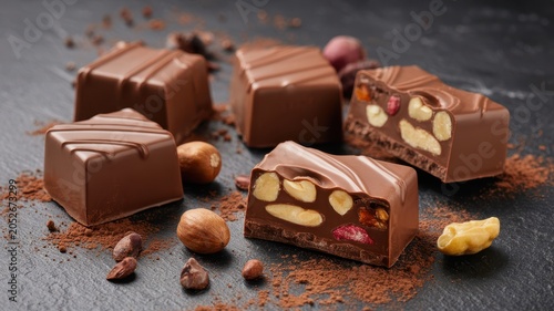 Chocolates filled with nuts and berries sit on a dark textured background with scattered cocoa powder pieces.