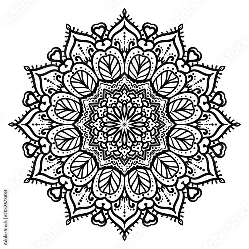 Heart and Leaf Floral Mandala Decorative Black and White Coloring Page