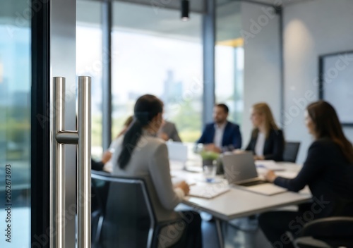 Close up of a modern stainless steel office door handle with a blurred background of business professionals in a boardroom meeting during a corporate strategy session