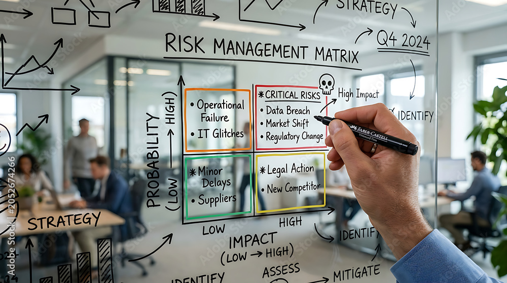 © Brokkk - A professional's hand writing on a clear glass board, illustrating a detailed risk management matrix in an office environment, with critical business risks highlighted.