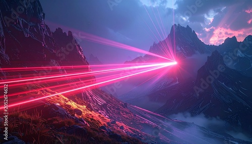 Dramatic Mountain Landscape with Red Laser Beams.