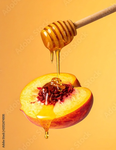 A honey dipper pouring honey over a halved peach on an orange background