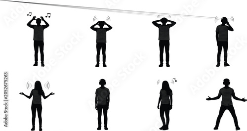 Bild auf Leinwand People silhouettes listening to music with headphones covering ears and reacting