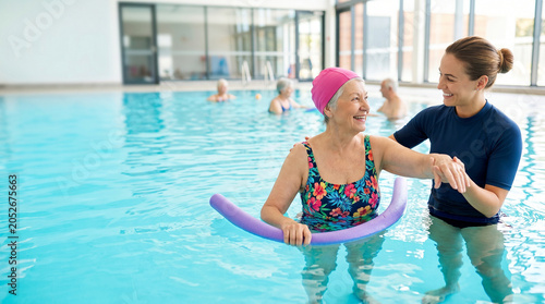 Trainer helping senior woman exercise in pool, healthy aging concept