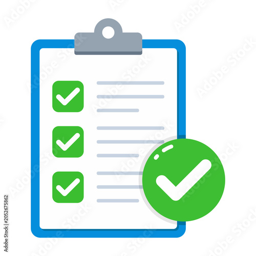 Checklist Clipboard with Green Check Marks and Approval Badge Cartoon Icon