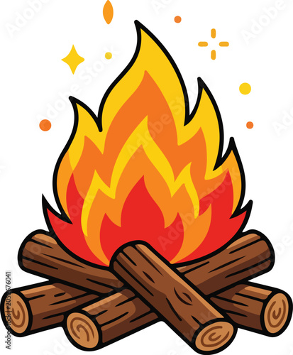Cartoon campfire vector illustration, bright burning bonfire with layered red, orange and yellow flames rising above stacked wooden logs, outdoor camping and adventure concept, cozy fire pit symbol .