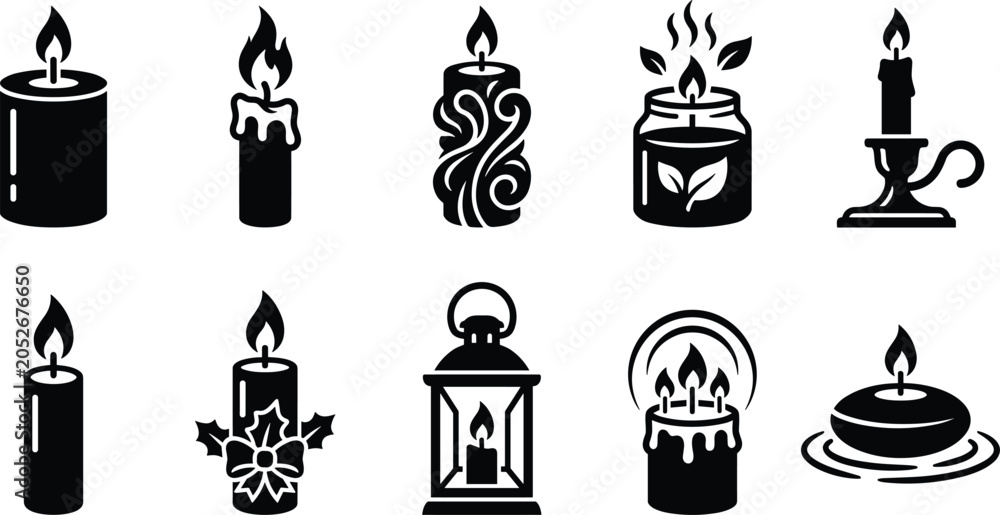 Naklejka premium Decorative Candle Black Glyph Icons Set Featuring Aromatherapy Scented Candles Lanterns and Relaxation Symbols