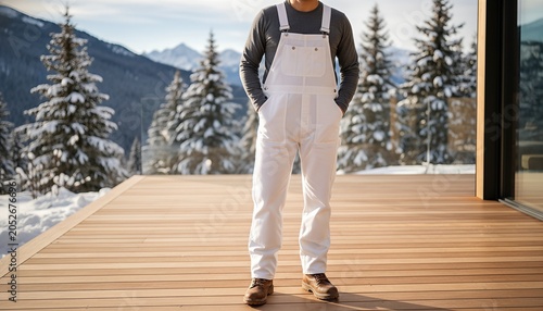 Hispanic man wearing blank white utility bib overalls standing on a minimalist snowy chalet deck