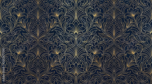Bild auf Leinwand Seamless pattern with golden floral damask ornament on a dark navy blue backgrou