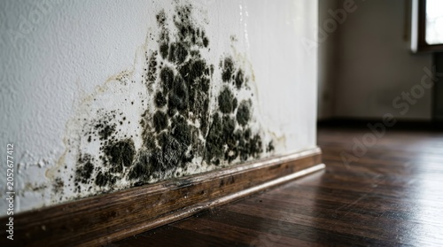 Black mold growing on a white house wall causing damp damage and moisture issues.