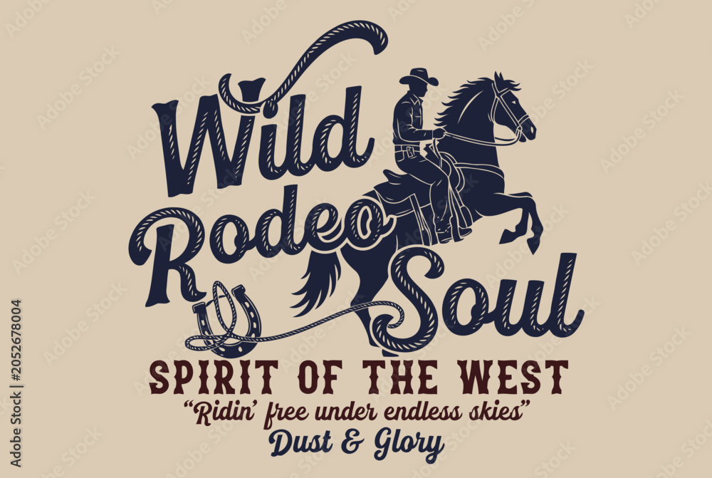 Obraz premium Wild West Rodeo Soul: A striking graphic design embodying the spirit of the West, featuring a cowboy riding a bucking horse with a horseshoe and the bold text Wild Rodeo Soul, Spirit of the West.