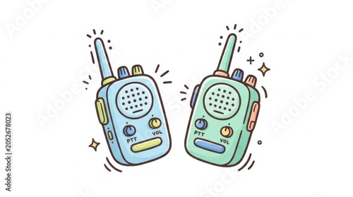 Pair of blue and green cartoon walkie talkies for communication