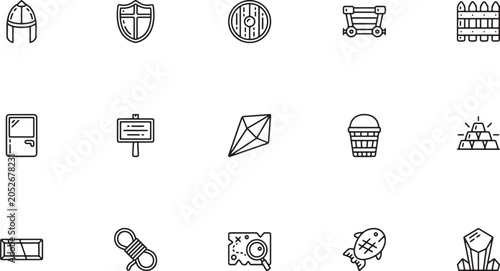 Bild auf Leinwand Retro RPG Farming and Rogue Item Line Art Icon Set Featuring Sickles, Slingshots