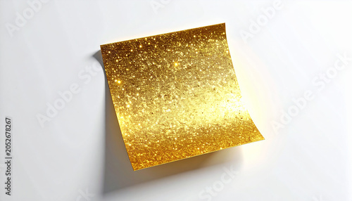 A Single Blank Gold Glitter Sticky Note on White Background with Copy Space