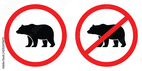 Two black bear icons in red circles with one crossed out on white background vector