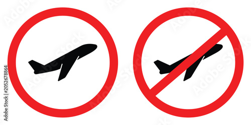 Airplane departure and no takeoff prohibition signs in vector style with clean white background