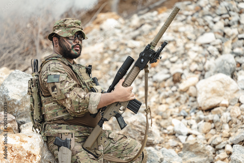 Fototapeta premium Military special forces soldier team in combat operation, tactical military portrait in action