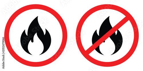Fire hazard warning and prohibition icons with red circle and slash in clean design