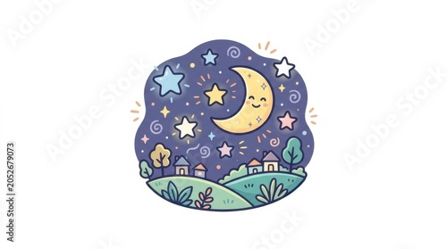 Smiling crescent moon and stars over a peaceful village illustration
