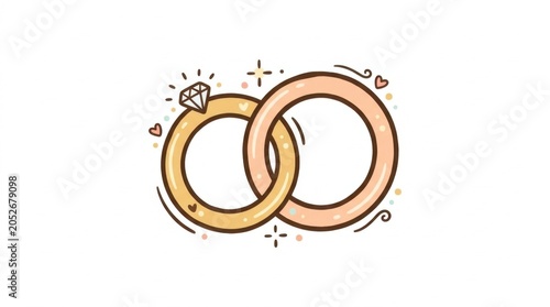 Interlocking gold wedding rings with diamond and hearts illustration