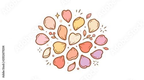 Circular illustration of colorful flower petals in pastel tones