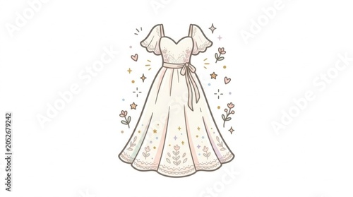 Whimsical hand drawn wedding dress illustration with floral accents