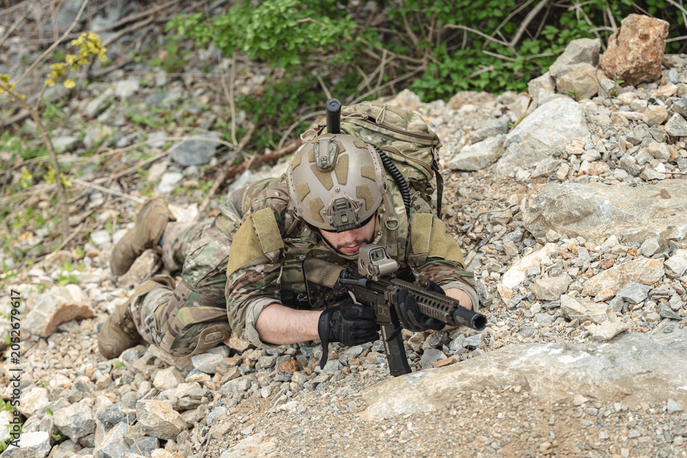 Fototapeta premium US Army military, Special forces soldier engaged in combat operation, tactical military in action