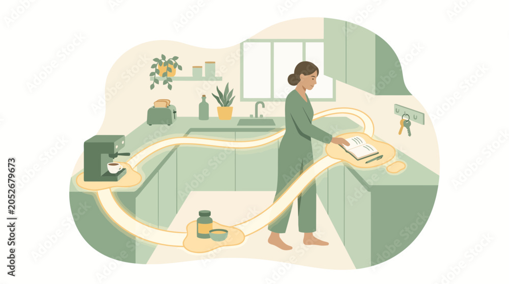Fototapeta premium Woman following morning habit routine path in kitchen illustration