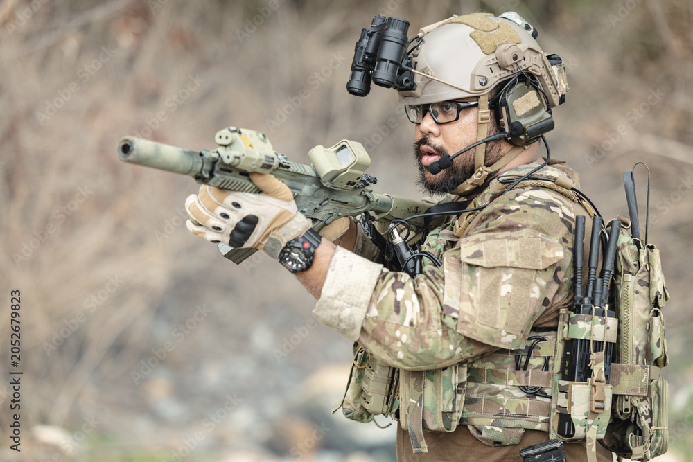 Fototapeta premium Military special forces soldier team in combat operation, tactical military portrait in action