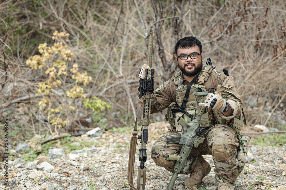 Fototapeta premium Military special forces soldier team in combat operation, tactical military portrait in action