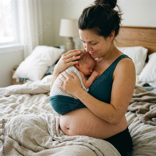 Postpartum mother cradling baby with authentic skin textures