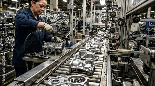 Factory worker assembling engine parts on production line, manufacturing process