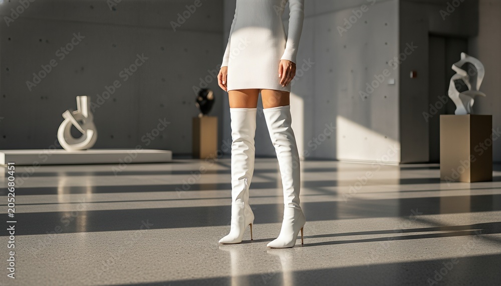 Obraz premium Elegant Hispanic woman wearing blank white over the knee boots in a sun drenched art gallery lobby