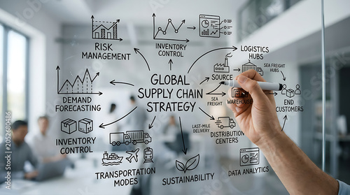 A person outlining a comprehensive global supply chain strategy on a transparent glass board in a modern office environment.