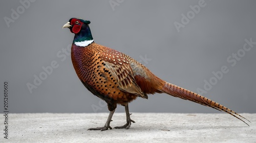 Ring necked pheasant standing on concrete