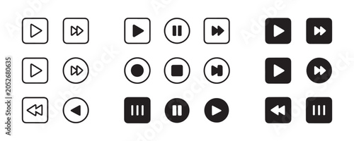 Obraz na plátně Various media player control buttons set featuring play pause stop and fast forward in black UI