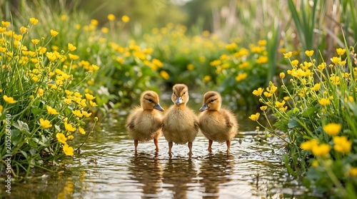 Three adorable ducklings standing in a shallow stream surrounded by vibrant yellow flowers