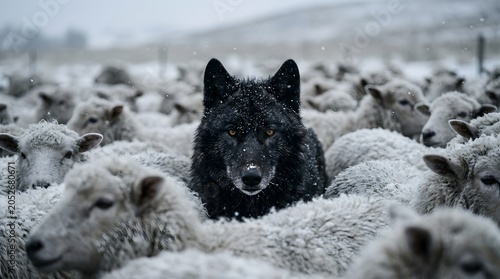 A black wolf standing out in a flock of sheep during snowfall