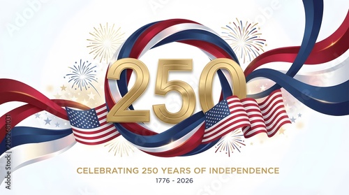 Celebrating 250 Years of US Independence 1776-2026 with Gold Number 250, American Flags, Fireworks, and Patriotic Ribbons