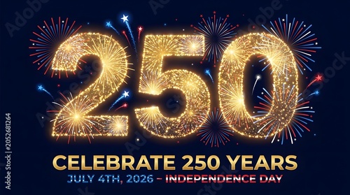 Celebrate 250 Years Independence Day July 4 2026 with Golden 250 numbers and USA flag fireworks and stars on dark blue background