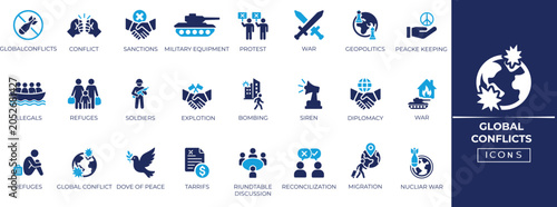 Canvas Print Global conflict icon set: explosion, war, attack, bomb, crisis, and global security vector icons for news, geopolitics, and threat analysis