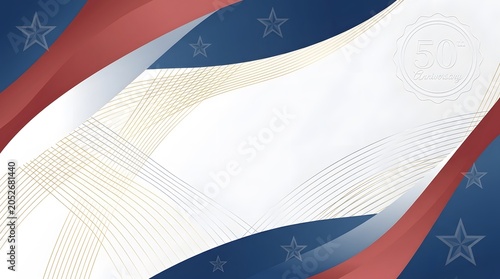 Abstract patriotic background with 50th anniversary emblem, stars, and flowing lines in red, white, and blue