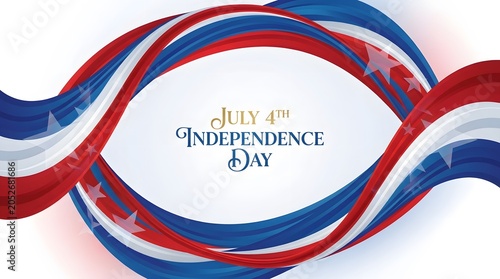July 4th Independence Day Greeting Card with Swirling American Flag Ribbons and Stars, Festive Patriotic USA Holiday Celebration Background