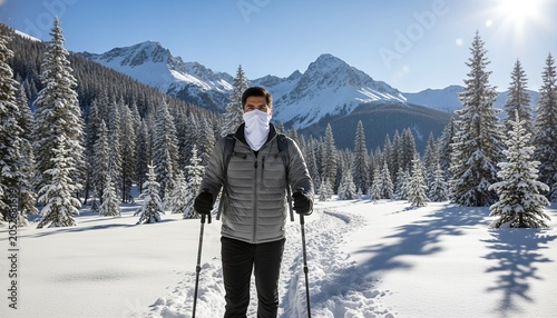 Hispanic man wearing a blank white neck gaiter on a snowy mountain trail