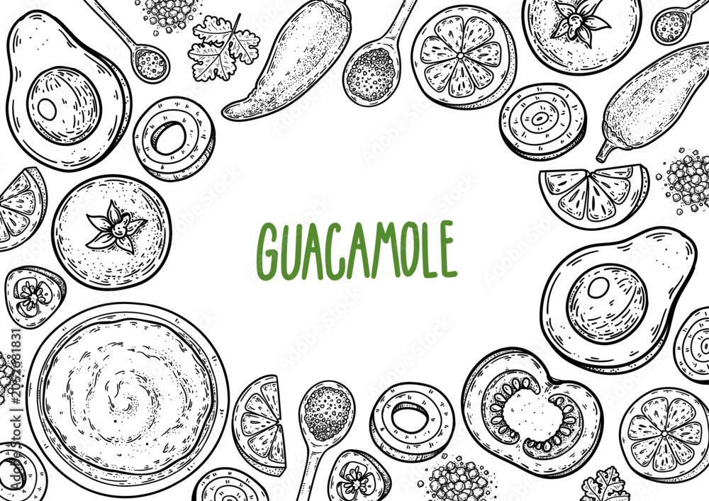 Obraz premium Hand drawn guacamole web header template, native vector black and white engraved style avocado oval frame monochrome menu background