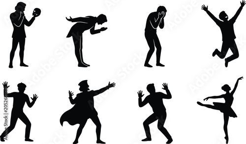 Photos Theater and performing arts vector silhouettes set with stage actors mime artist