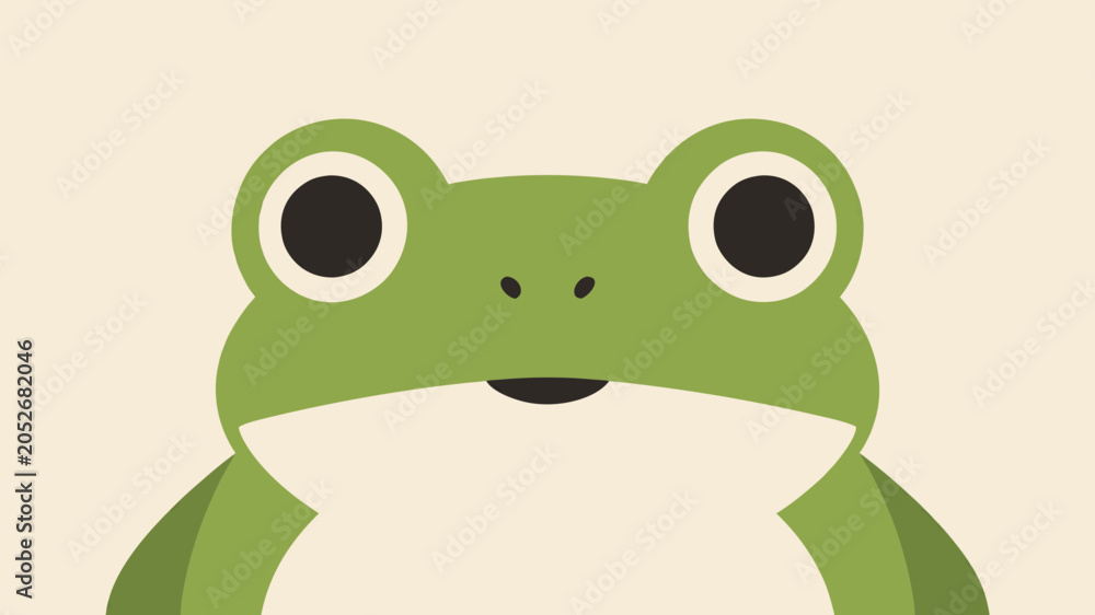 Αυτοκόλλητο Minimalist vector illustration of a cute green frog's face with large black eyes and a simple expression on a light beige background
