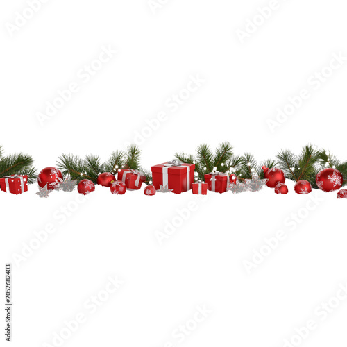 Christmas Garland with Red Ornaments and Gifts Border isolated on a transparent background